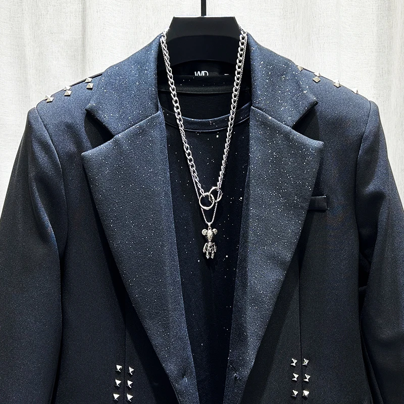 PFHQ Men's Metal Rivet Decoration Design Star Jacket 2024 Long Sleeve Korea Fashion Solid Color Male Blazer Loose 21Z7627