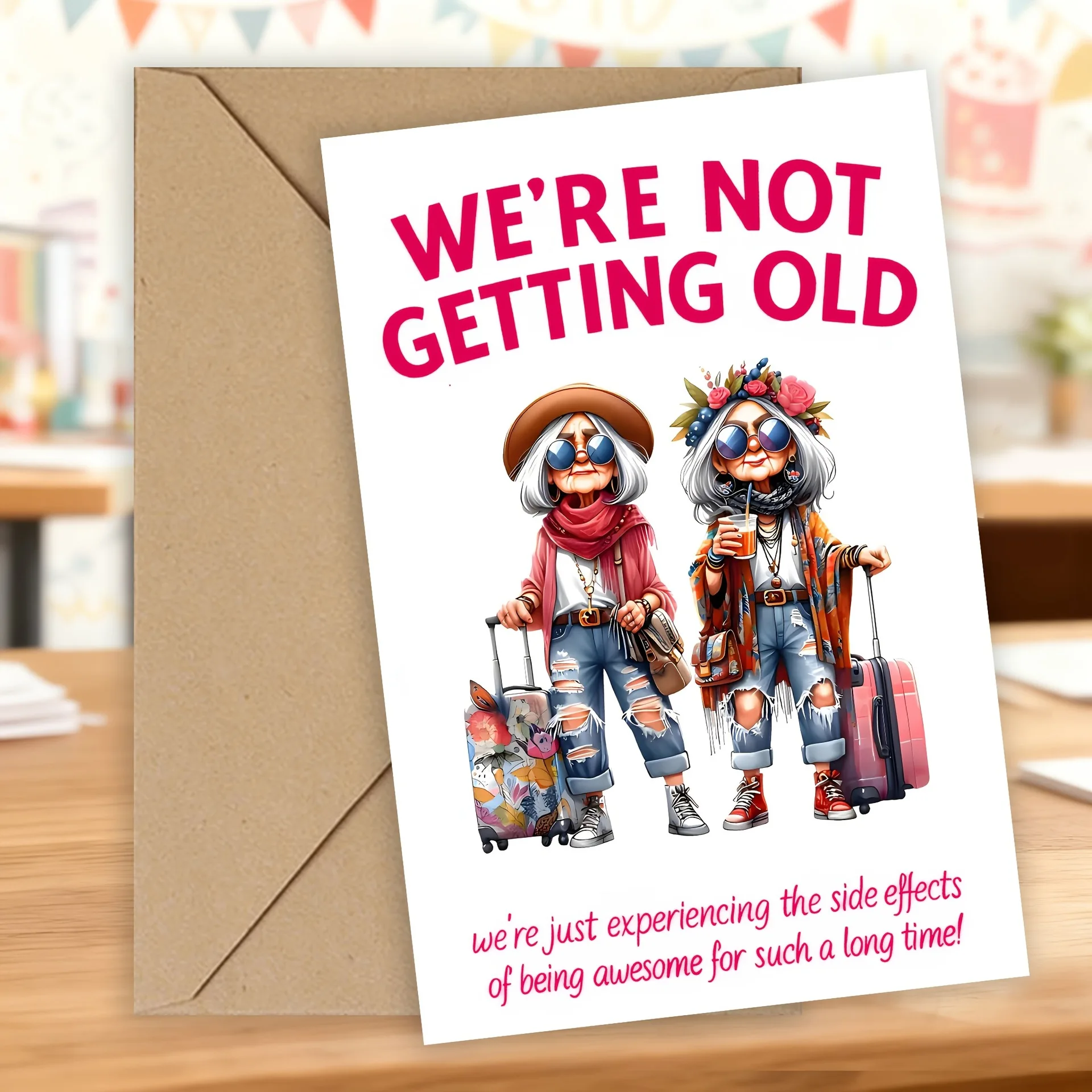 Humorvolle Grußkarte mit Umschlag, stilvolles Design einer alten Dame – Geschenk zum Ruhestandsjubiläum