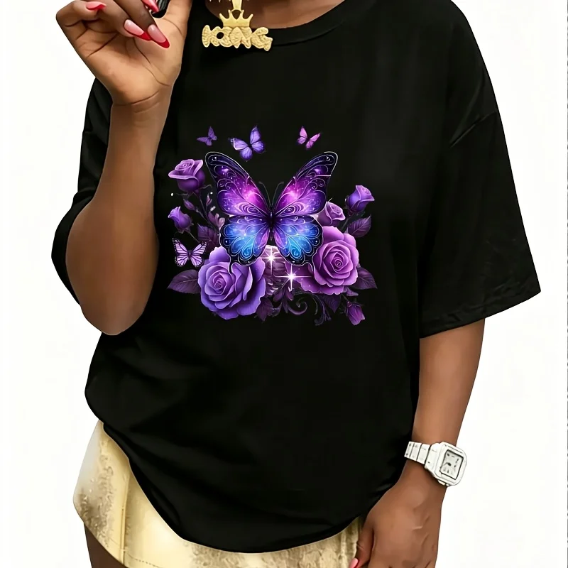 Beautiful Butterfly Purple Rose Butterfly Lovers Women's 100% Cotton T-Shirt Fun Print Short Sleeve Top Casual Round Neck Tee S-5Xl