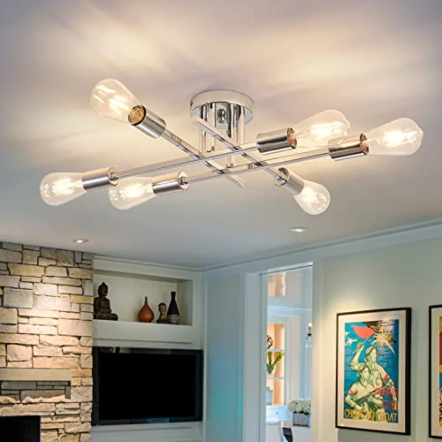 s Semi Flush Mount Ceiling Light Fixture Chrome Industrial Chandelier Farmhouse Lighting for Dining Room Living Room Kitchen Be