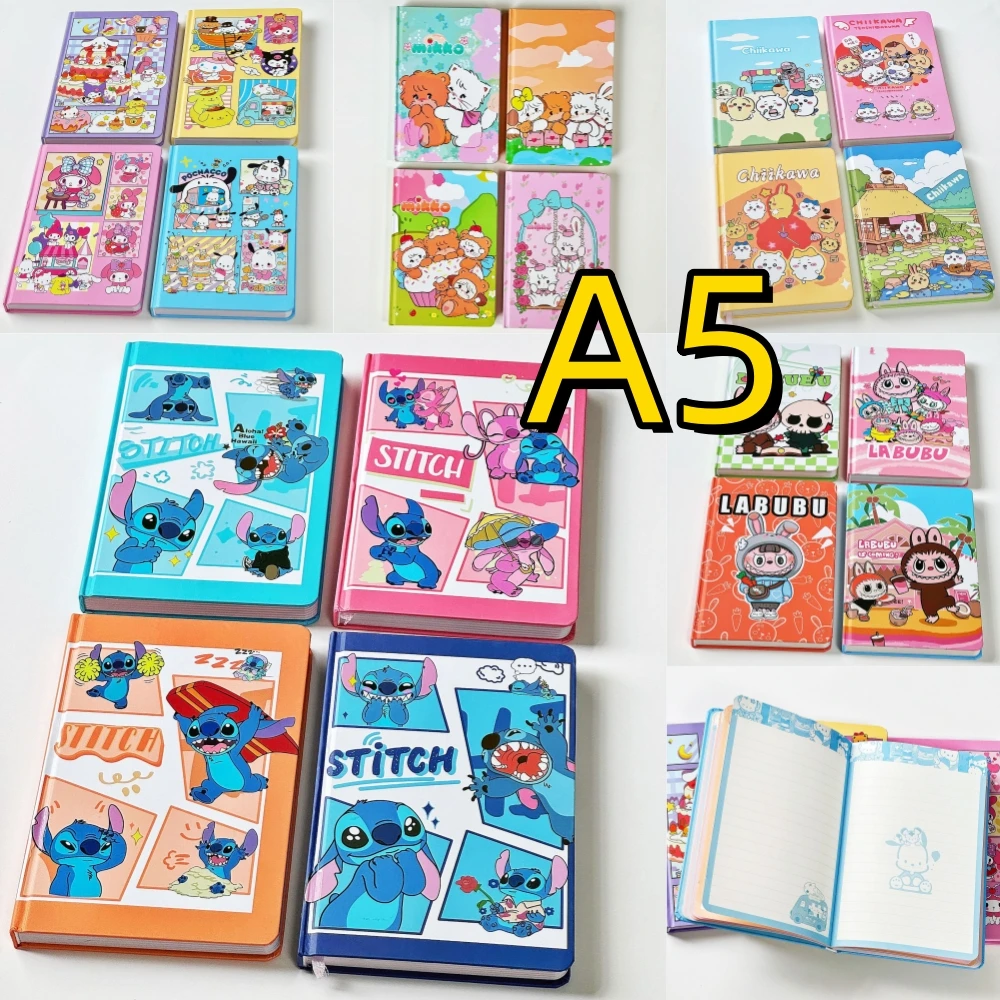 4 Pcs Mixed A5 Cartoon Color Page Notebook Stitch Labubu Sanrio Characters Mikko Butter Bear Chiikawa Cute Students\' Supplies