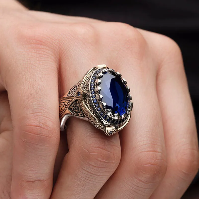 Exquisite Luxury Two Tone Inlaid Blue Zircon Men Ring Holiday Party Anniversary Jewelry Gift for Boyfriend