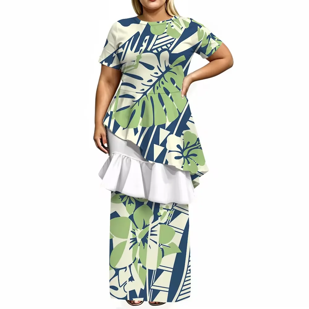 Hot Green Navy White Tropical Hibiscus Leaf Print Women 2 Piece Set Puletasi Asymmetrical Ruffle Top Long Skirt Matching Outfit
