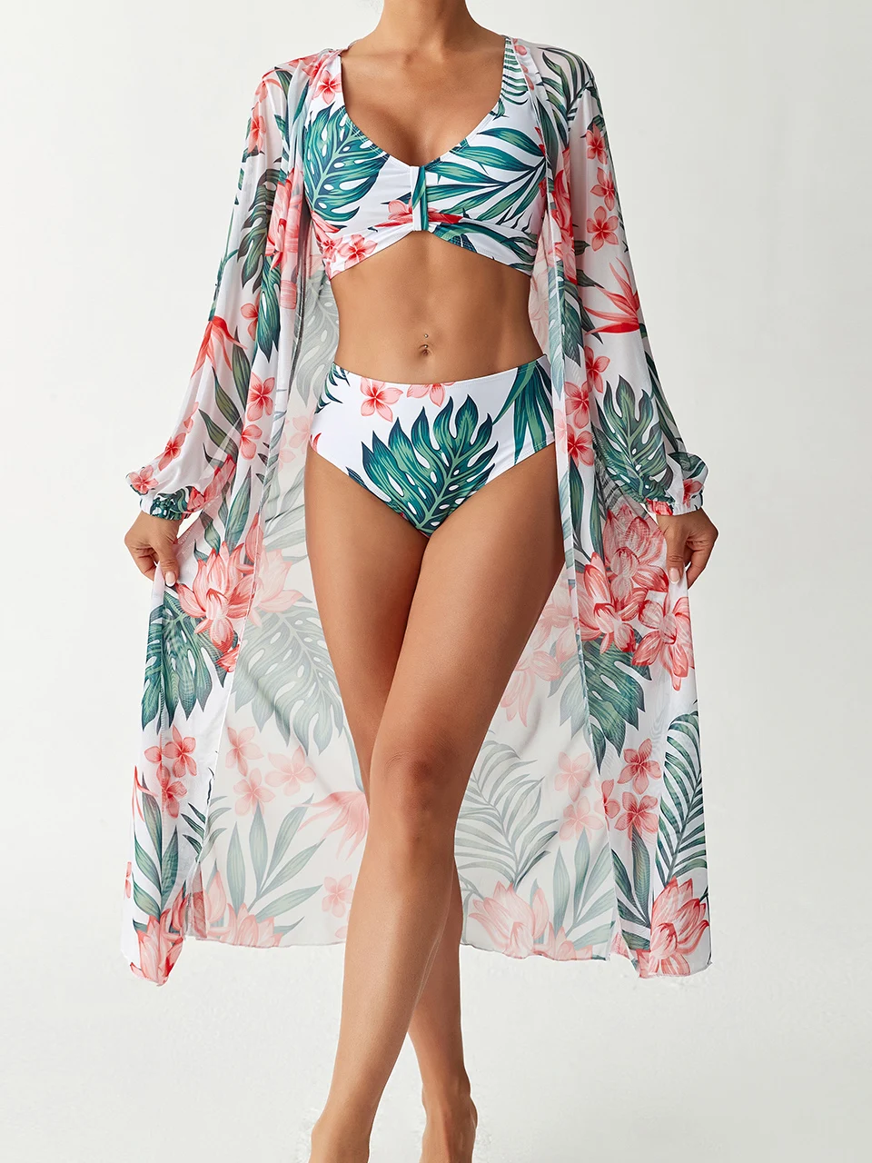 

3 шт., бикини с высокой талией и кимоно, купальник 2026, женский купальник с принтом, женский купальный костюм, купальный костюм, пляжная одежда