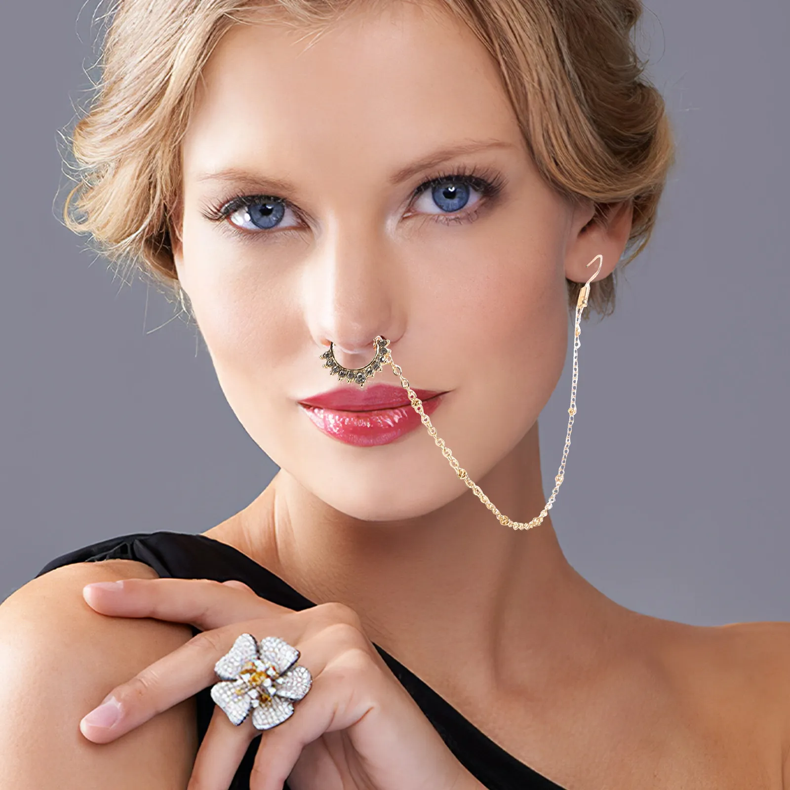 

Golden Faux Nose Ring Non-Piercing Rhinestone Dangle Chain Nose Jewelry Clip on Earrings for Women Festival Body Chain Jewelry