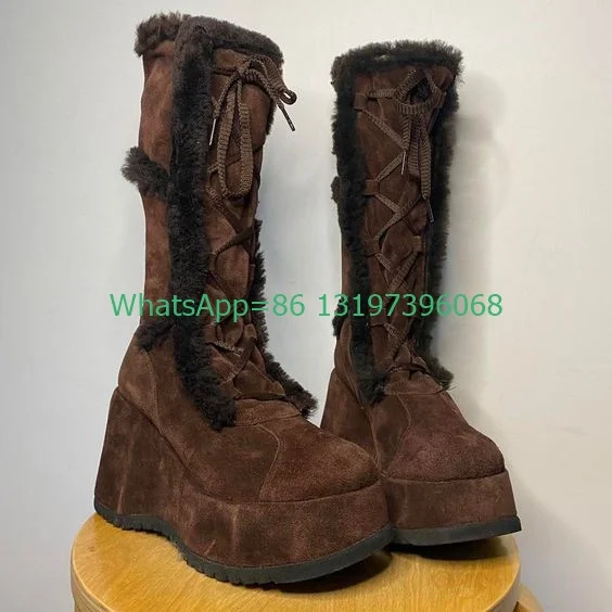 Lady brown design platform lace-up fur boots punk style vintage style feather boots new arrive sexy dance dress boots size 34-46