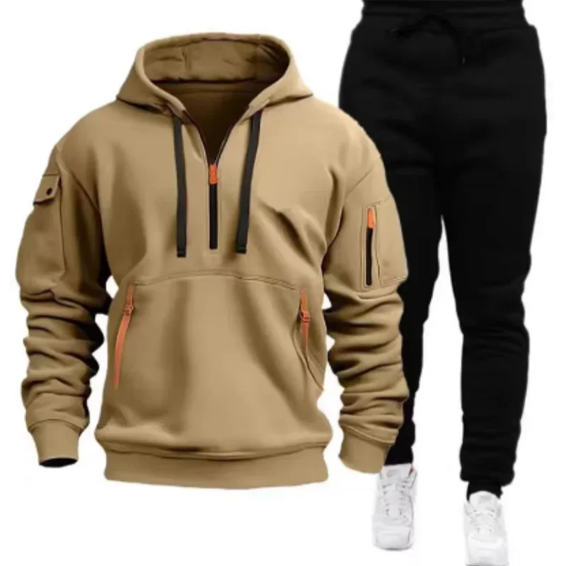2024 Otoño/Invierno nueva moda para hombres Casual Multi bolsillo cremallera deportes Sudadera con capucha conjunto Color sólido cómodo conjunto de dos piezas