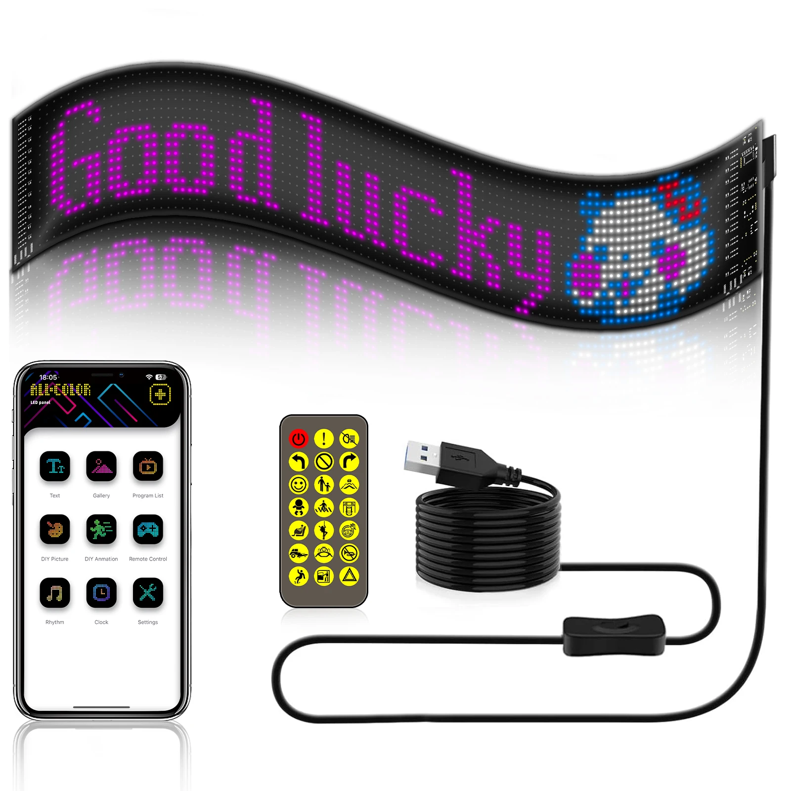 LED Car Sign Programmable LED Matrix Panel Flexible Screen Display Animation Scrolling Sign APP Control Shop Bar Party Festival