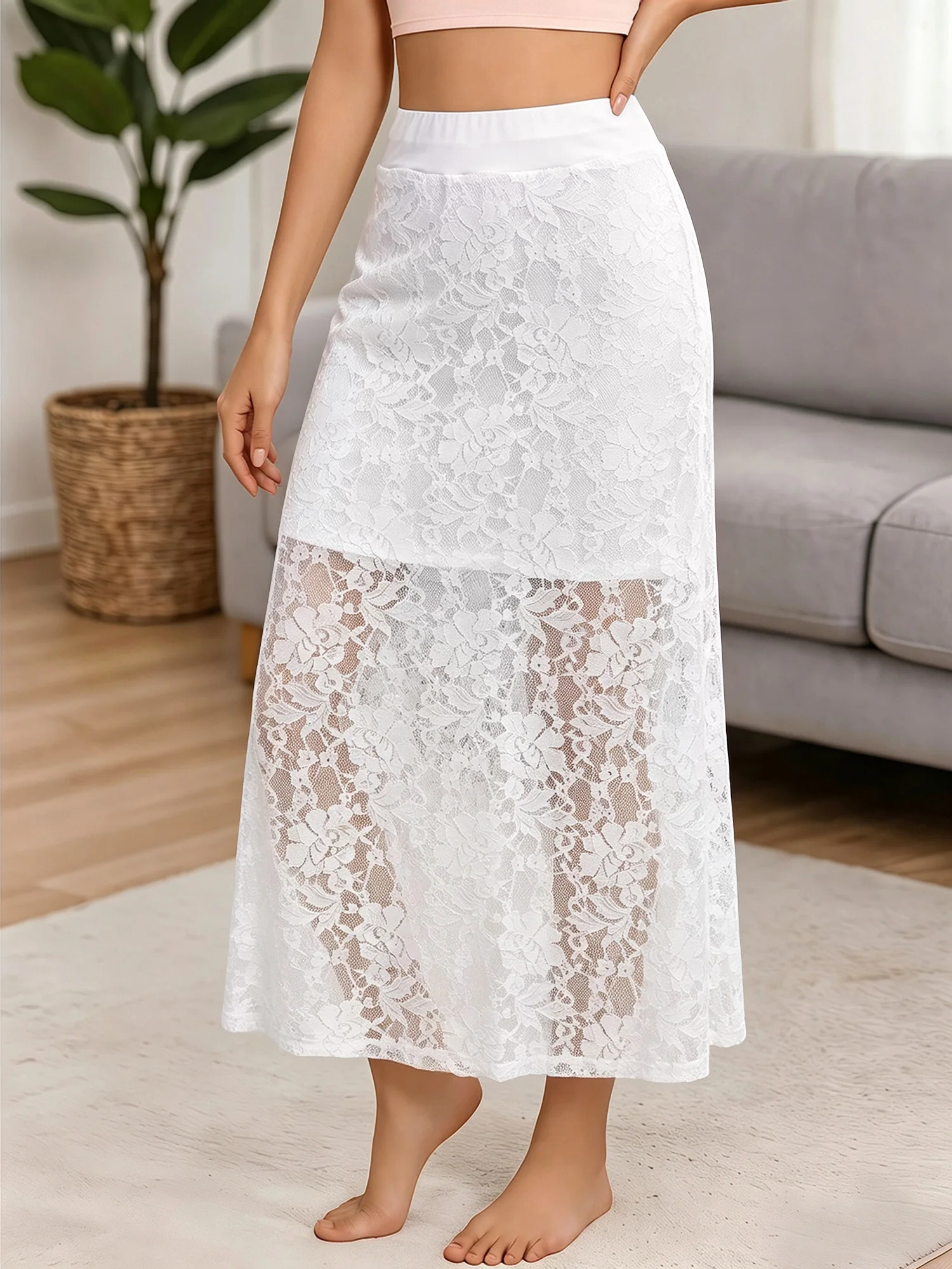 Women Elegant Semi Sheer Lace Midi Skirt High Waist Slim Fishtail Skirt Wedding Guest Outfit