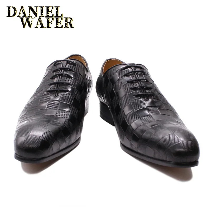 Luxury Oxford Men\'s Dress Shoes Fashion Male Genuine Leather Black Plaid Print Lace-Up Wedding Office Business Formal Shoe