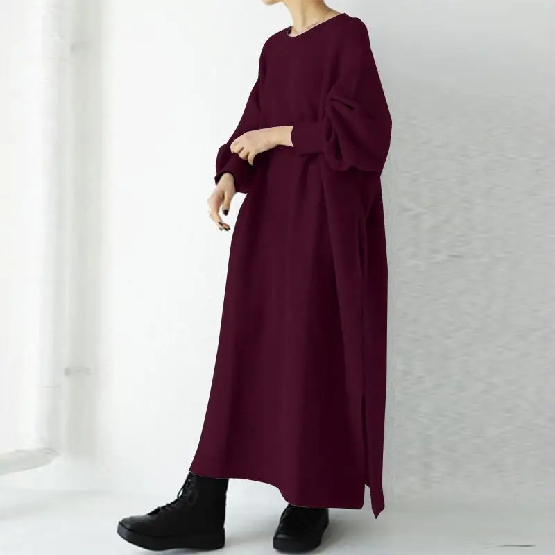 Hoodie Dress Autumn Commuter Cotton Dress for Women Vintage Slit Long Sleeve Loose Middle Eastern Robe Casual Abaya Muslim Dress