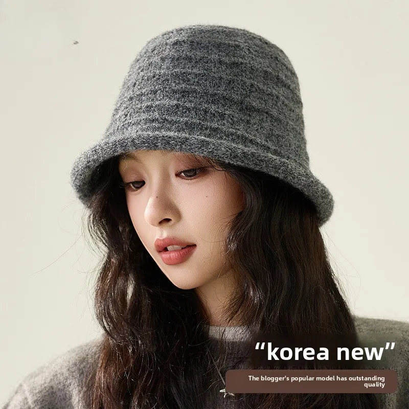 Autumn and Winter New South Korea Dongdaemun Knitted Bucket Hat Girls Face Small Curling Solid Color Warm Face Bucket Hat