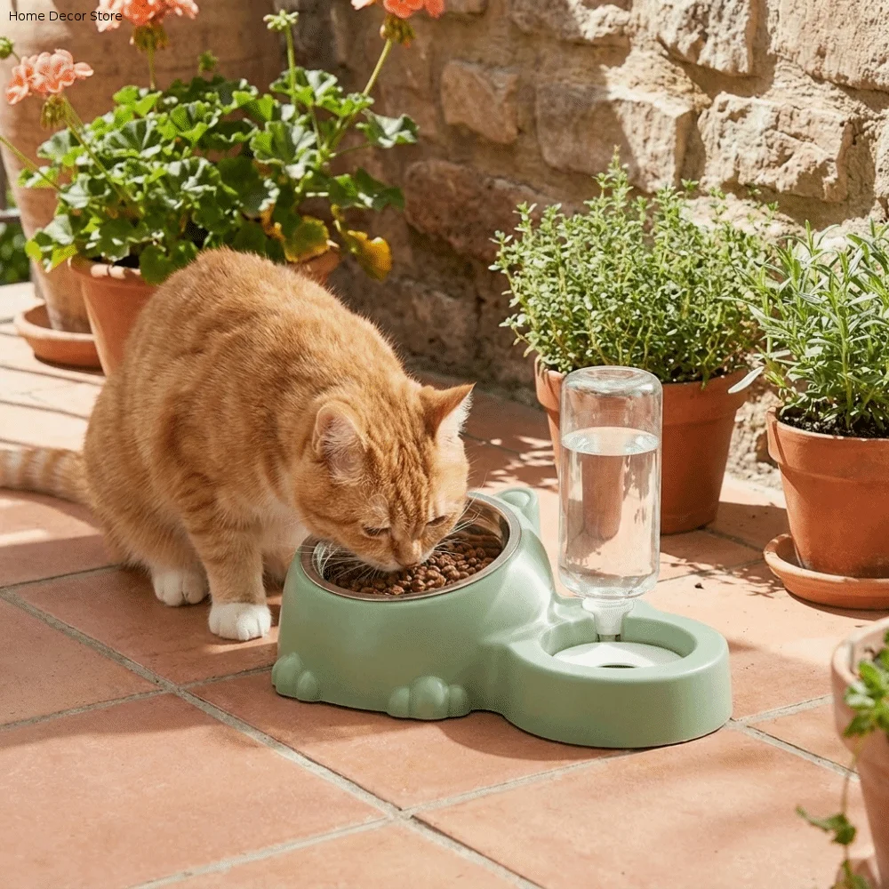 2 in 1 Cat Double Bowl Large Capacity Slanted Mouth Cat Food Dispenser Dry Wet Separation Anti Slip Cat Water Dispenser