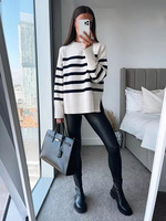 TRZA Fashion Oversized Striped Pullovers Women Knitted Basic Autumn Winter Loose-Fitting Thick Jumpers Sweaters Female Clothing
