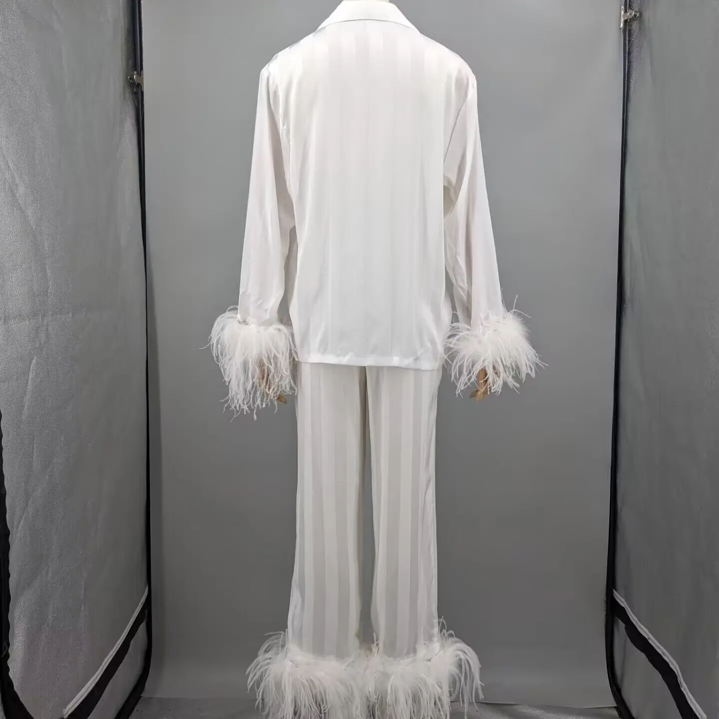 Women White Satin Stripe Pajama Set Real Ostrich Feather Cuff Long Sleeve Shirt Pants Elegant Loungewear Sleepwear 21A0713