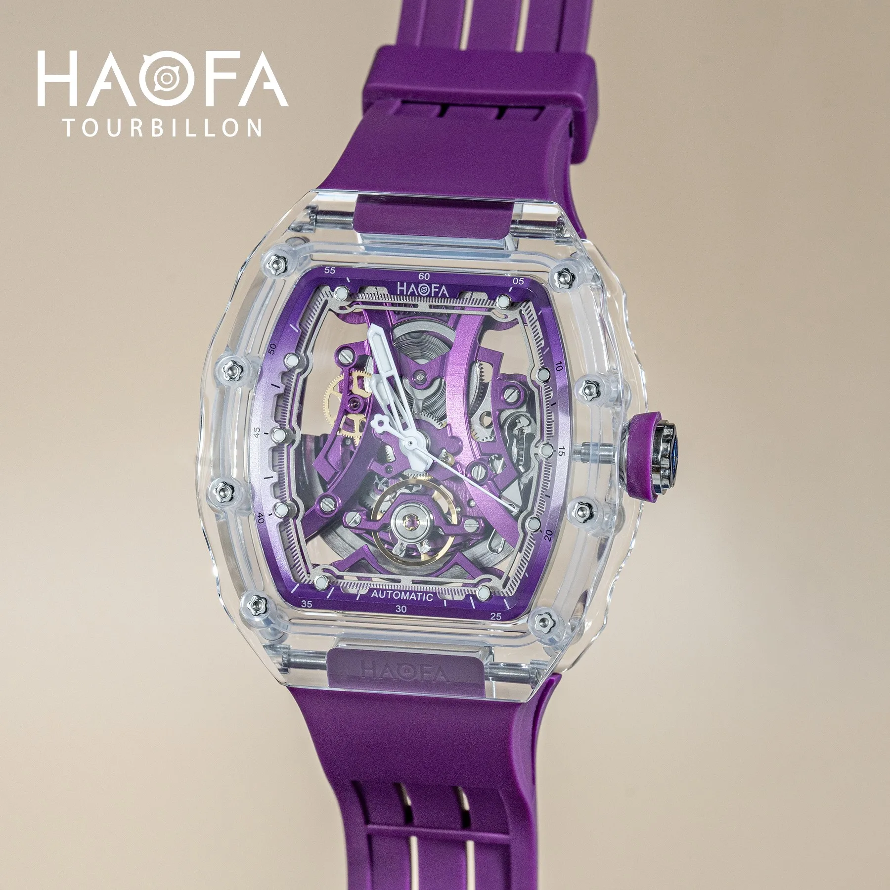 Haofa 2326 Hollow Transparent Crystal Mechanical Watch Unique Dial Automatic Movement Wristwatch for Men Luminous Mens Watches