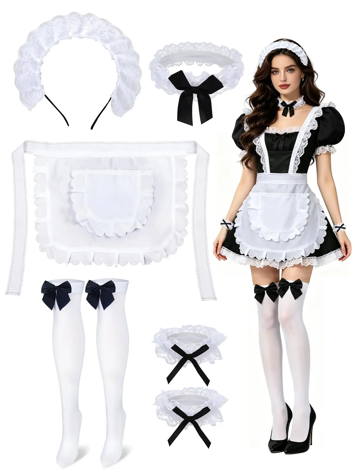 Women White French Maid Costume 5 Pcs Halloween Outfit Accessory Maids Outfit for Halloween Party, Soft Fabric, Includes Apron Headband Thigh Highs Choker Wristbands, One Size Stretch Fit