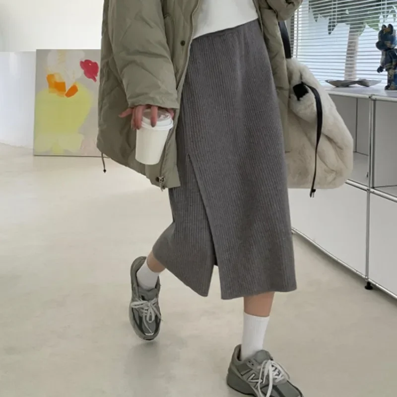 Knitted Split Mid Long Skirt Casual Korean High Quality Clothing Autumn Winter Clothes Ropa Solid A-line Slim Skirts Jupe Faldas