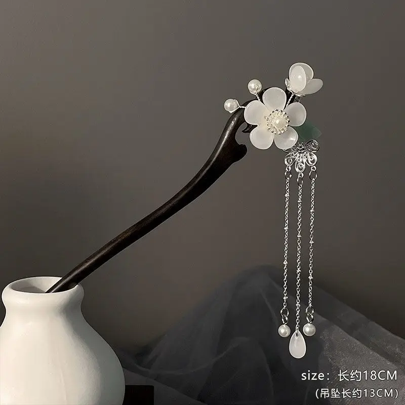 White Floral Hairpin with Pearl Center, Silver Chain Tassels, Dark Stem Dangling, for Adult Hair Styling