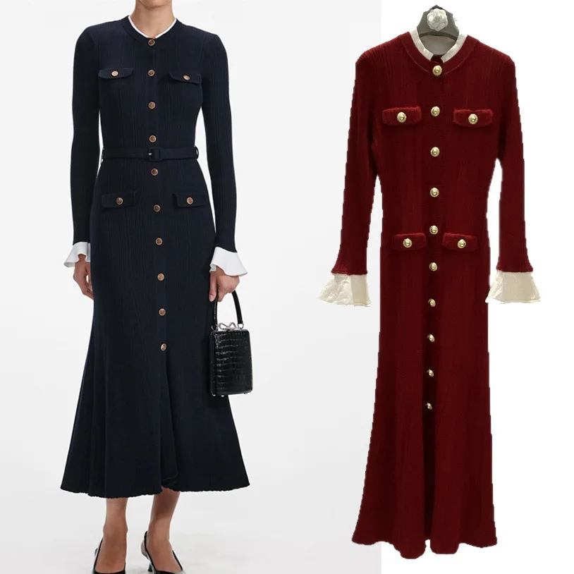 

Высококачественное женское осенне-зимнее однотонное трикотажное платье с круглым вырезом и расклешенными рукавами длиной до колена, уменьшающее возраст