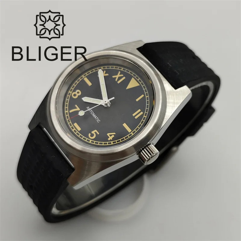 BLIGER 38mm Dive Watch for Men NH35 Automatic Brushed Case  Sapphire Crystal  California Dial Green Luminous Nylon/Rubber  Strap