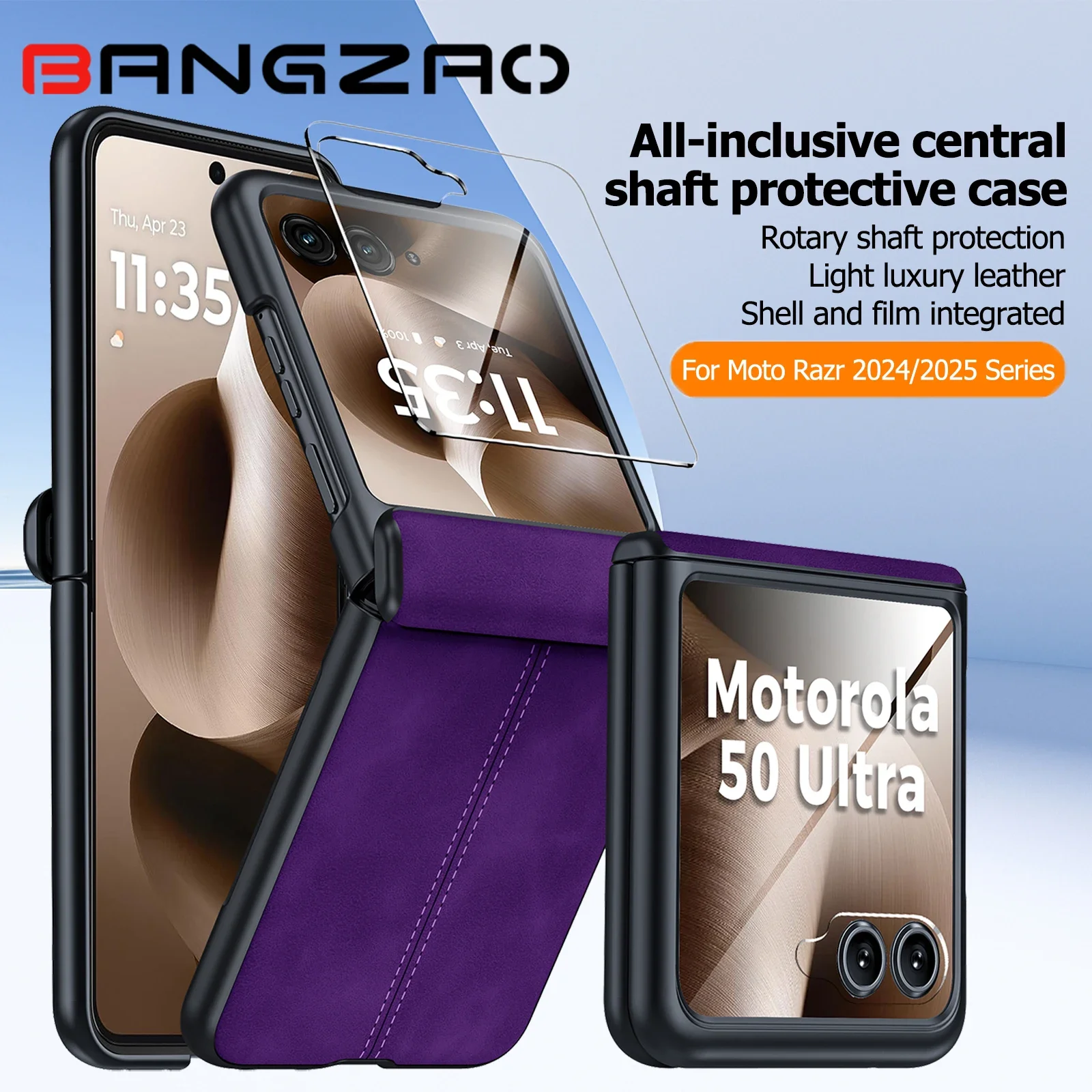 

Встроенная защитная пленка для экрана, защита шарниров, матовый ПК из искусственной кожи, для Motorola Razr 2024/2025, противоударный чехол для телефона, фиолетовый