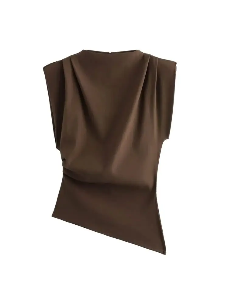 TRZA-Women\'s Asymmetric Blouses with Shoulder Pads, Sleeveless, Back Zipper, Female Shirts, Chic Tops, Fashion