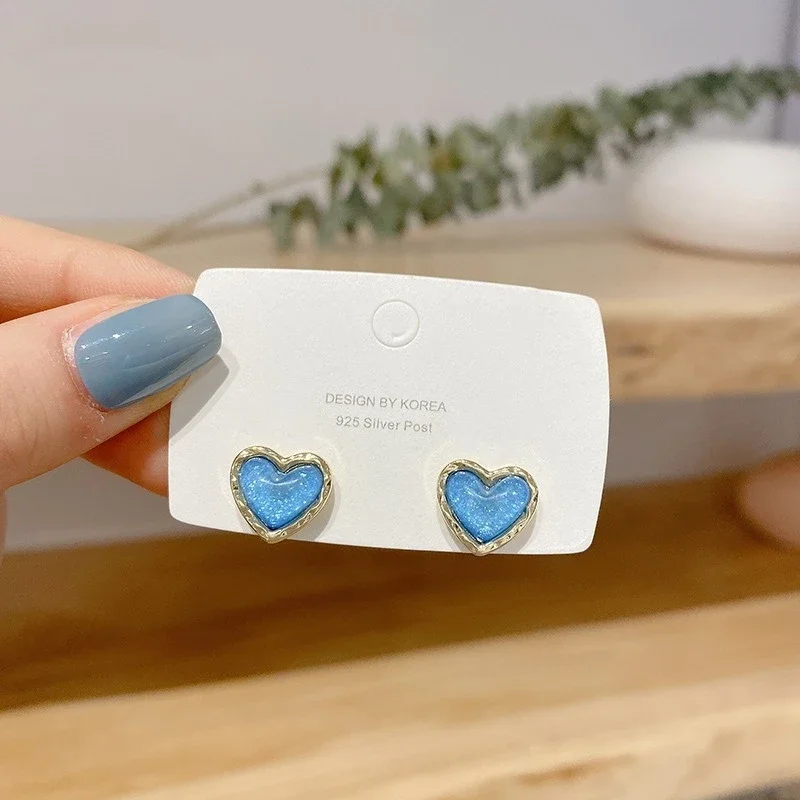 قرط مرصع بقلب أزرق لامع صغير للنساء ، على الطراز الكوري ، مجوهرات هندسية ، هدية فتاة الزفاف Brincos ، موضة #3