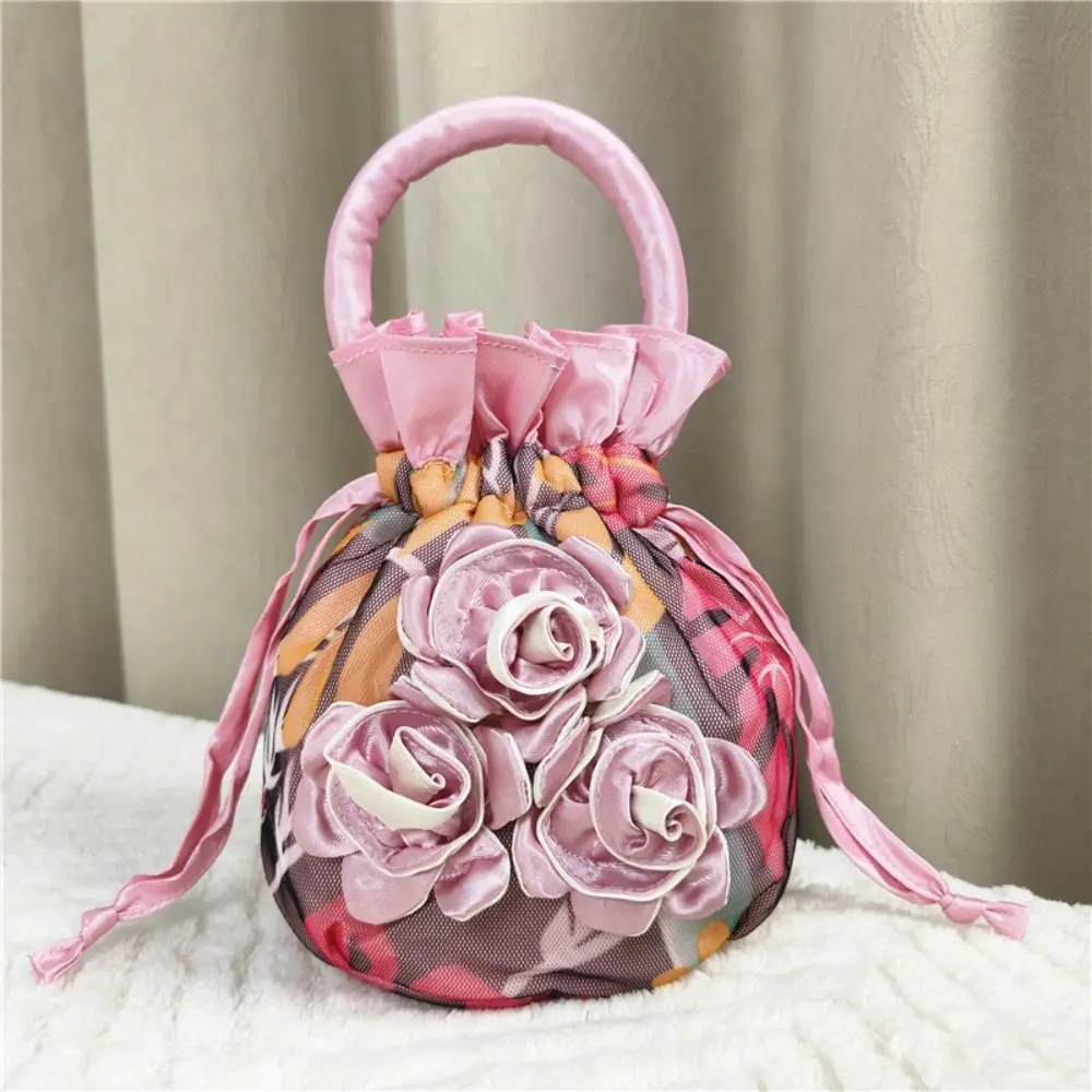 Purse Wallet Satin Silk Drawstring Bucket Bag Ethnic Style Multi Color Rose Flower Handbag Cosmetic Bag Retro Phone Bag Mom