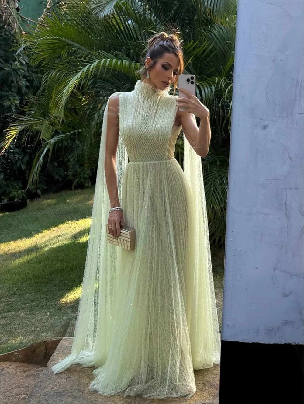 فستان سهرة بوهو أصفر دانتيل مخصص رسمي برقبة دائرية بدون أكمام فساتين المشاهير ناعمة على شكل حرف a سويب تراين فساتين العودة للوطن