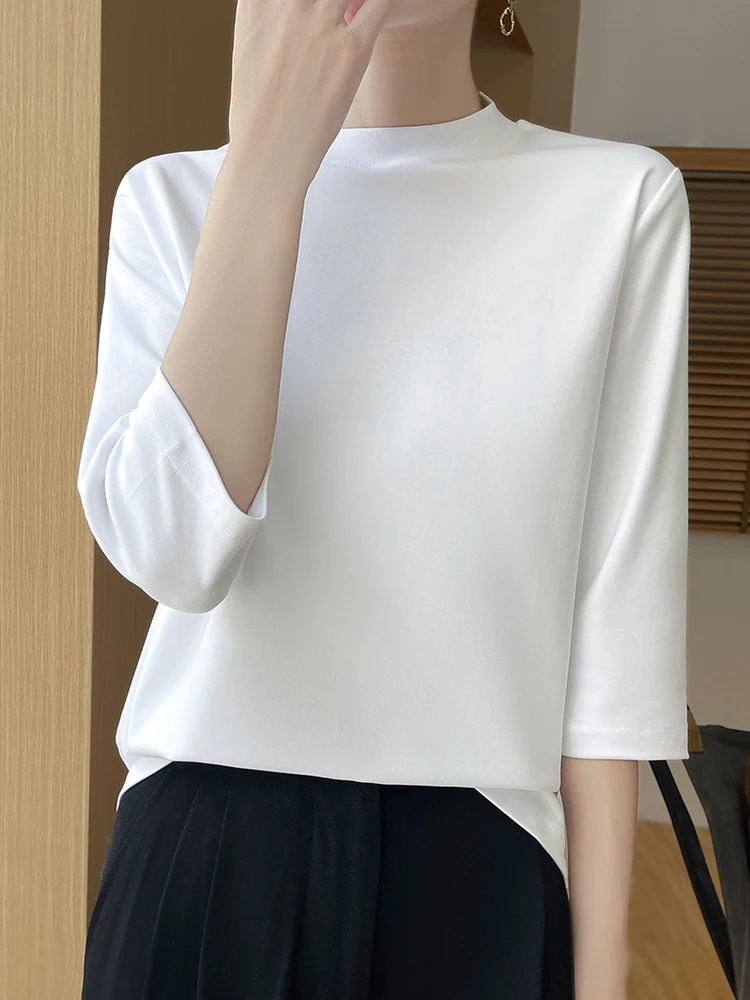 Silk-Matte Cotton Half-High Collar T-Shirt Women's Loose Fit Seven-Quarter Sleeve Basic Shirt Spring Commute Style Pure Cotton