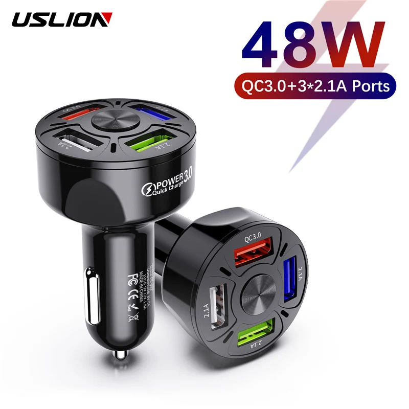 USLION 4 USB Quick Car Charger Mobile Phone Universal Car Charger Adapter For iPhone 13 Pro Max Mini Adapter For Xiaomi Samsung