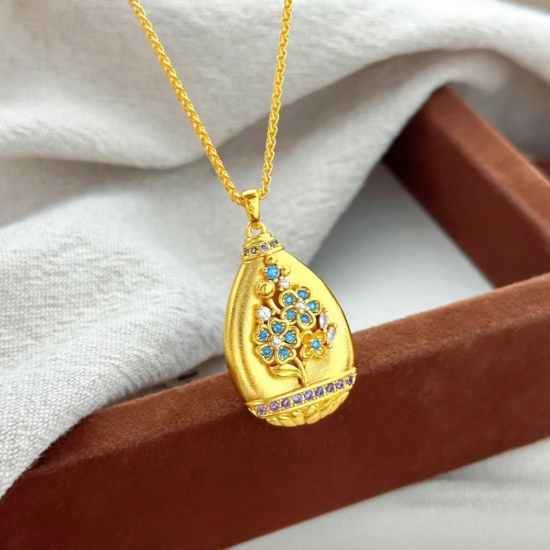 

Pure 18 K Gold Color Zircon Studded Flower of Life Water Droplet Pendant Necklace for Women Wedding Birthday Jewelry Gifts