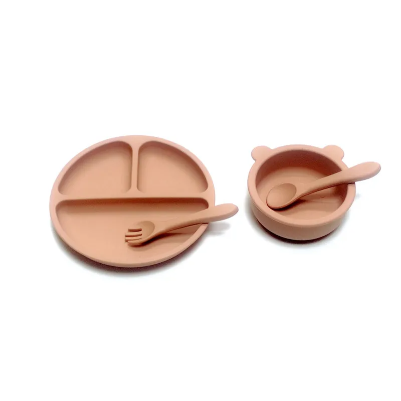 

4pcs Auxiliary silicone tableware sets children eating suction cup bowl baby spoon dinner plate kindergarten set