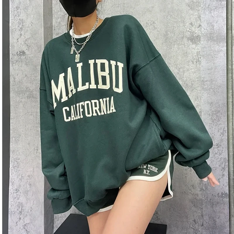 

Malibu Letter Graphic Sweatshirt Women Casual Autumn Cotton Round Neck Oversized Hoodies Top Streetwear Vintage Pullover Tops