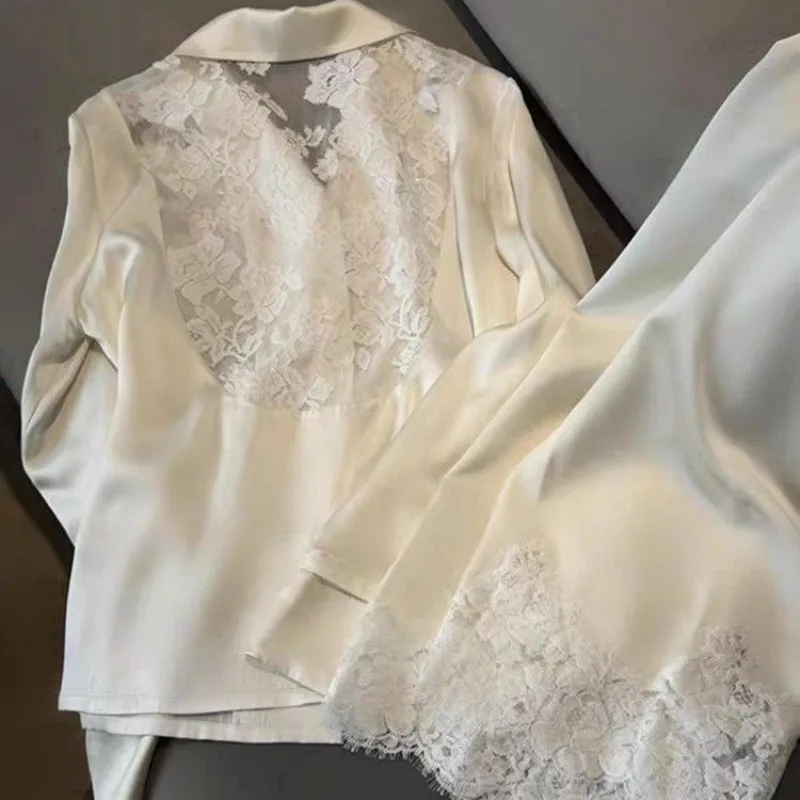 

2025 New High Fashion Ice Silk Pajamas Women's Spring Autumn Casual Comfortable Loungewear White Lace Top Pants Two-piece Set