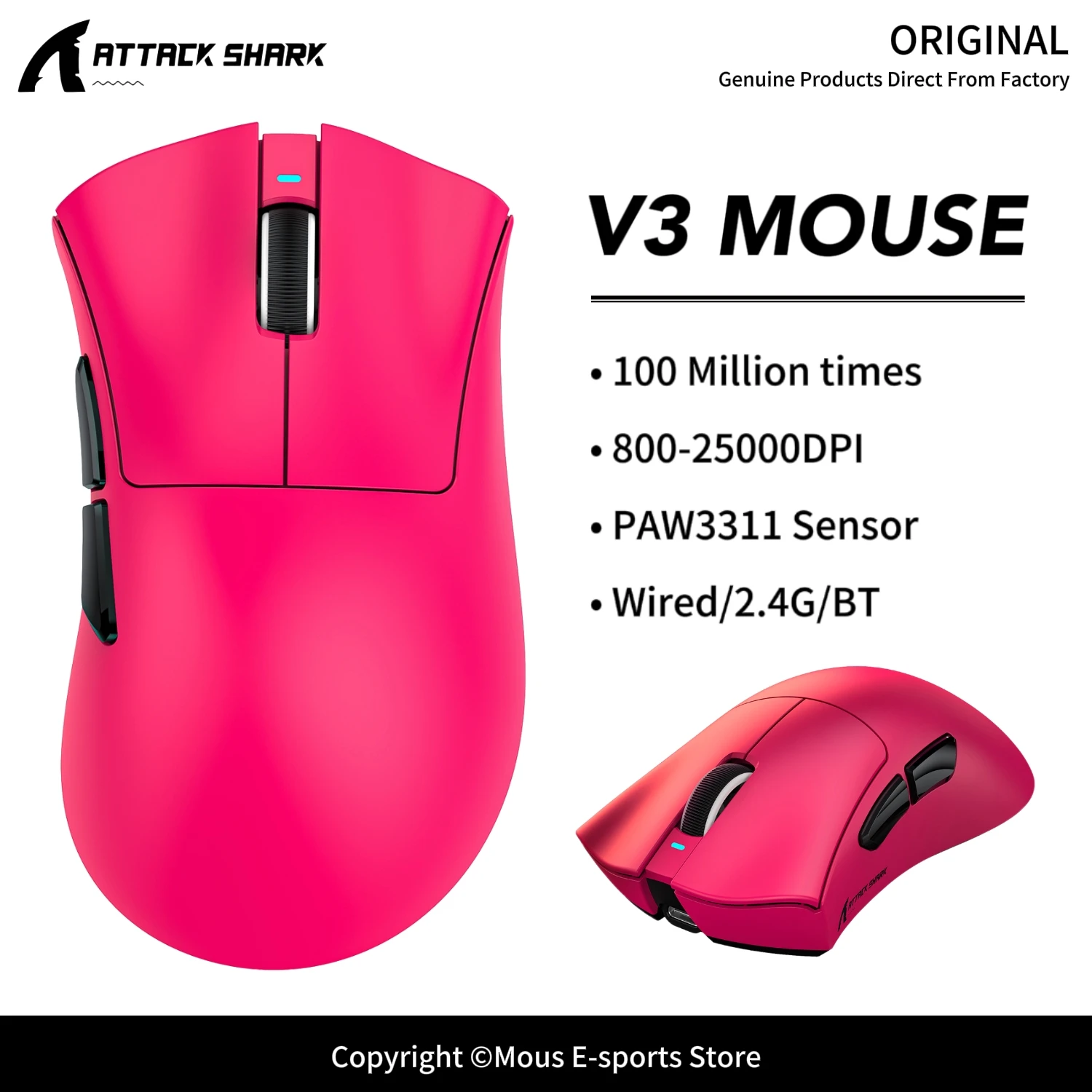 V3 ATTACK SHARK V3PRO Bluetooth Gaming Mouse Right-handed Mouse PAW3311 Sensor 100 Million Times and 1000Hz for Wireless Mouse