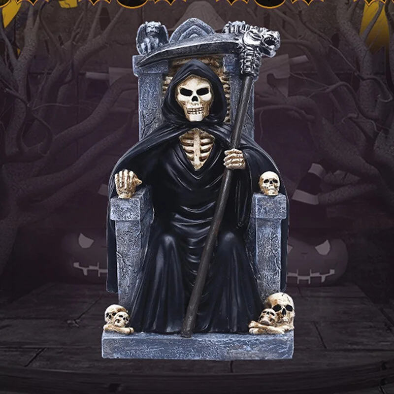 

Halloween Resin Death Grim Reaper Statue Sitting on Skeleton Throne Figurine Decoration Christmas Decorations