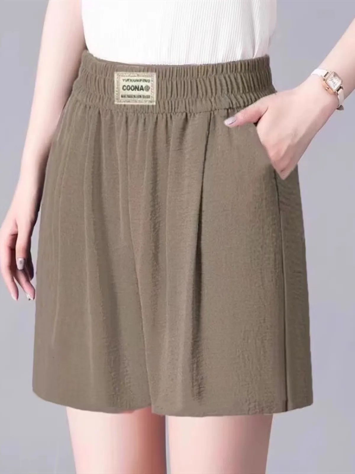 High Waist Ice Silk Casual Shorts Women's Summer Thin Wide Leg Pants Three-Quarter Length Outdoor Wearable Comfortable Trousers