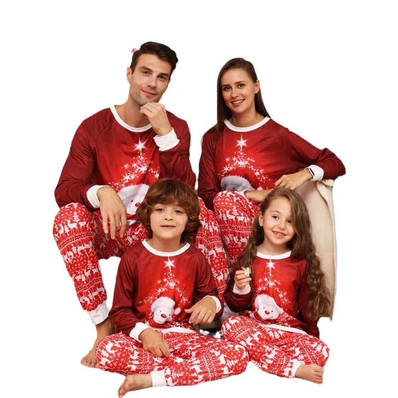2025 Christmas New Parent-child Homewear Cartoon Snowman Round Neck Pajamas Set Small Deer Printed Xmas Home Suits