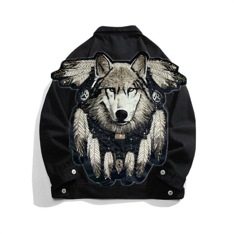 American Streetwear Fashion Heavy Metal Wolf Embroidered Patch Jacket Men Hip Pop Punk Beads White Denim Jackets Men Clothing