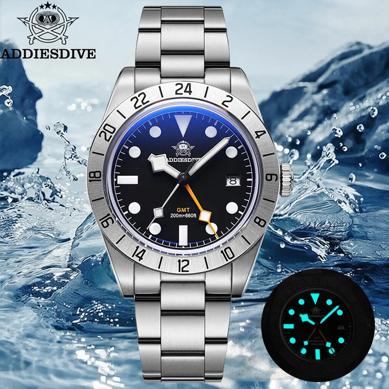 

ADDIESDIVE 39mm Men's GMT Quartz Watch 200m Waterproof Dual Time Zone Watches BGW9 Luminous Bubble Glass 316L Steel reloj hombre