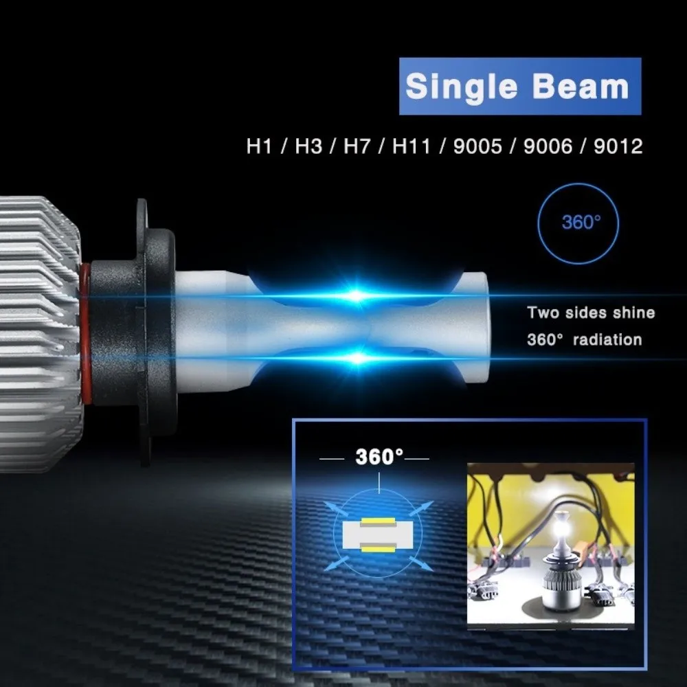 2 Pcs 9-36V Voltage LED Headlight Bulbs 360beam Low High Beam Car Headlight Bulbs Plug Play 200M Lighting Range
