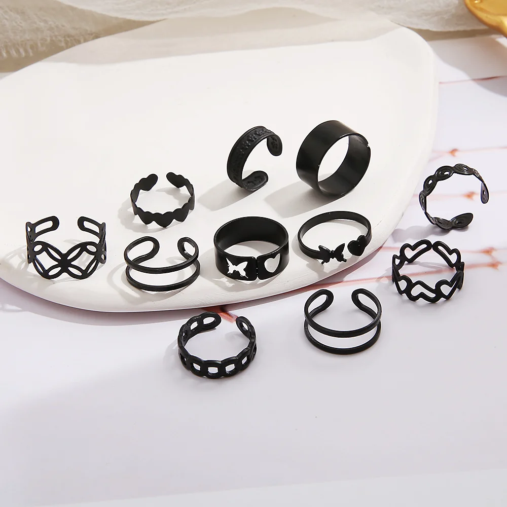 11pcs/set Hollow Heart Butterfly Rings Set For Women Vintage Metal Black Color Geometric Finger Ring 2023 Trendy Jewelry Gifts