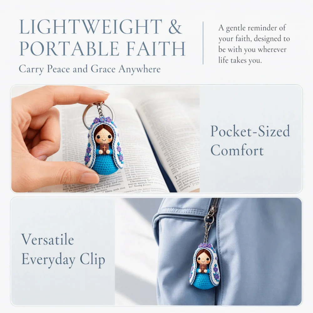 10pcs/set Crochet Style Virgin Mary Keychain Set Knitted Doll Religious 2D Flat Acrylic Keychains Figurine Pendant Kids Gift