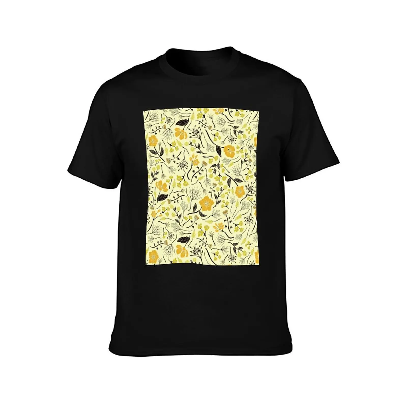 Yellow, Green & Black Floral/Botanical Pattern T-Shirt Casual Graphic Print Tee T-Shirt