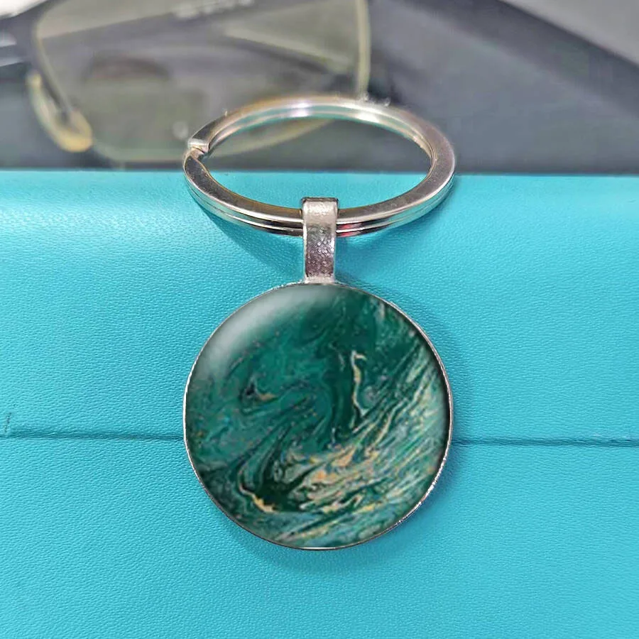 Exquisite And Elegant Turquoise Mint Green Gold Splash Fluid Glass Dome Keychain, Alcohol Ink Luxury Stone Key Holder
