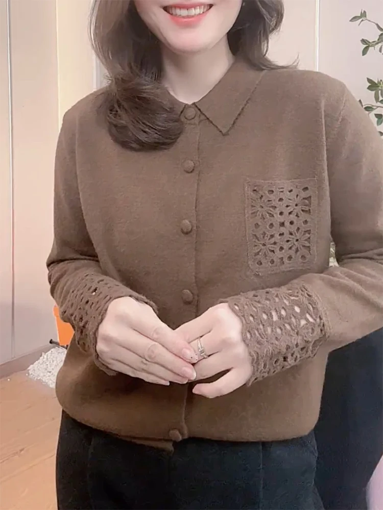 

Retro Splicing Knitted Open Cardigan Hollow out Design Slimming Top for Autumn Winter plus Size Ele Sle Women's Camer...