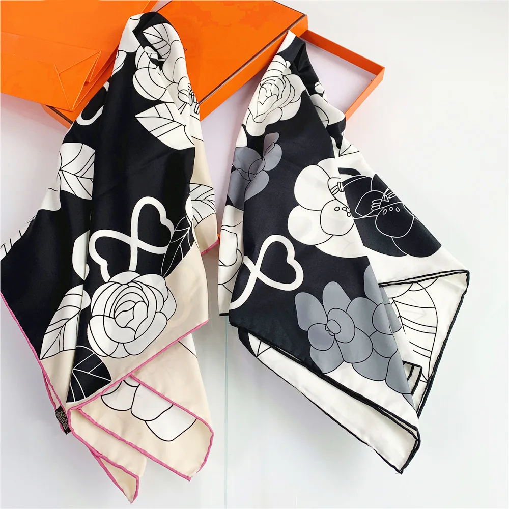 

New 90cm Hand-Painted Camellia Floral Plain Scarf Ladies Decorative Shawl with Hand-Rolled Hem Sun Protection Square Scarf