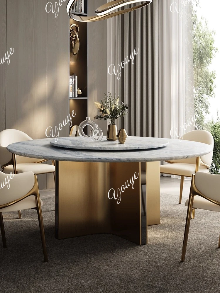

High-end marble Italian light luxury round dining table, living room home with turntable, high-end sense